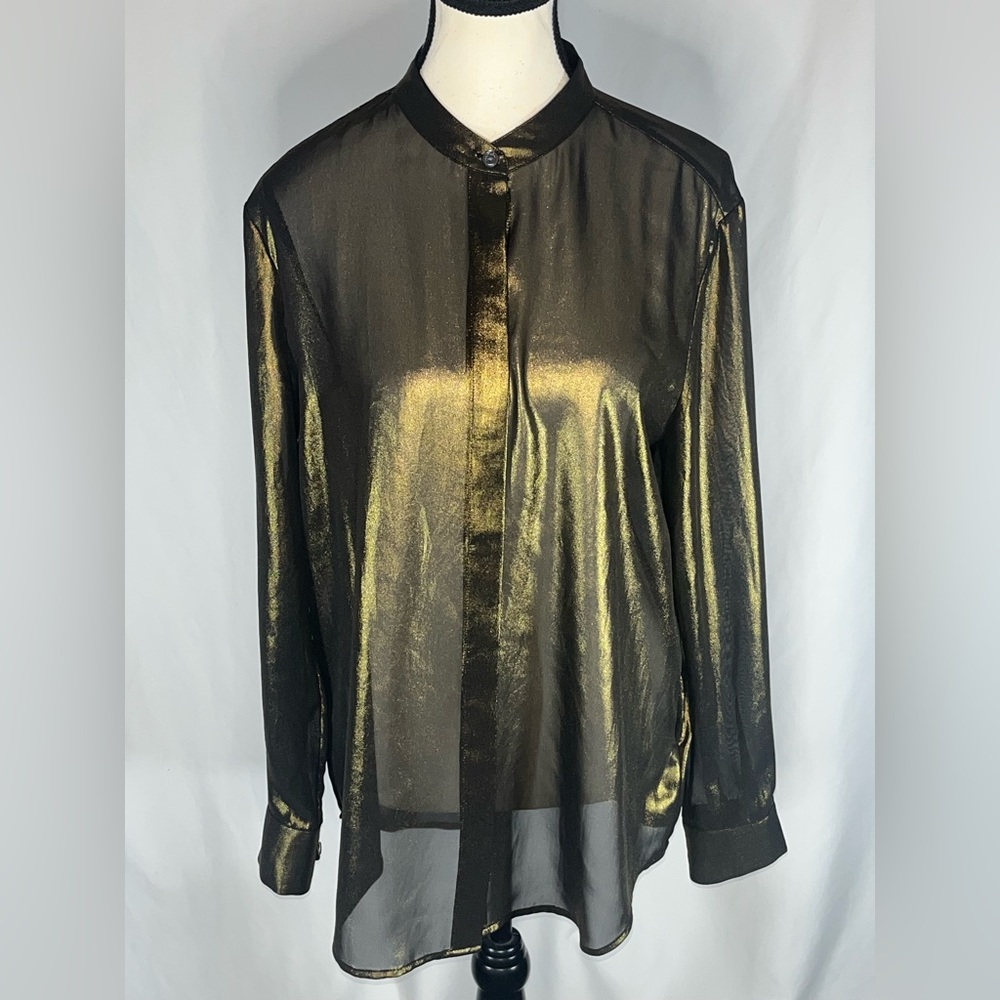 Equipment Femme Band Collar Buttoned Cuffs Long Sleeve Sheer Metallic Blouse